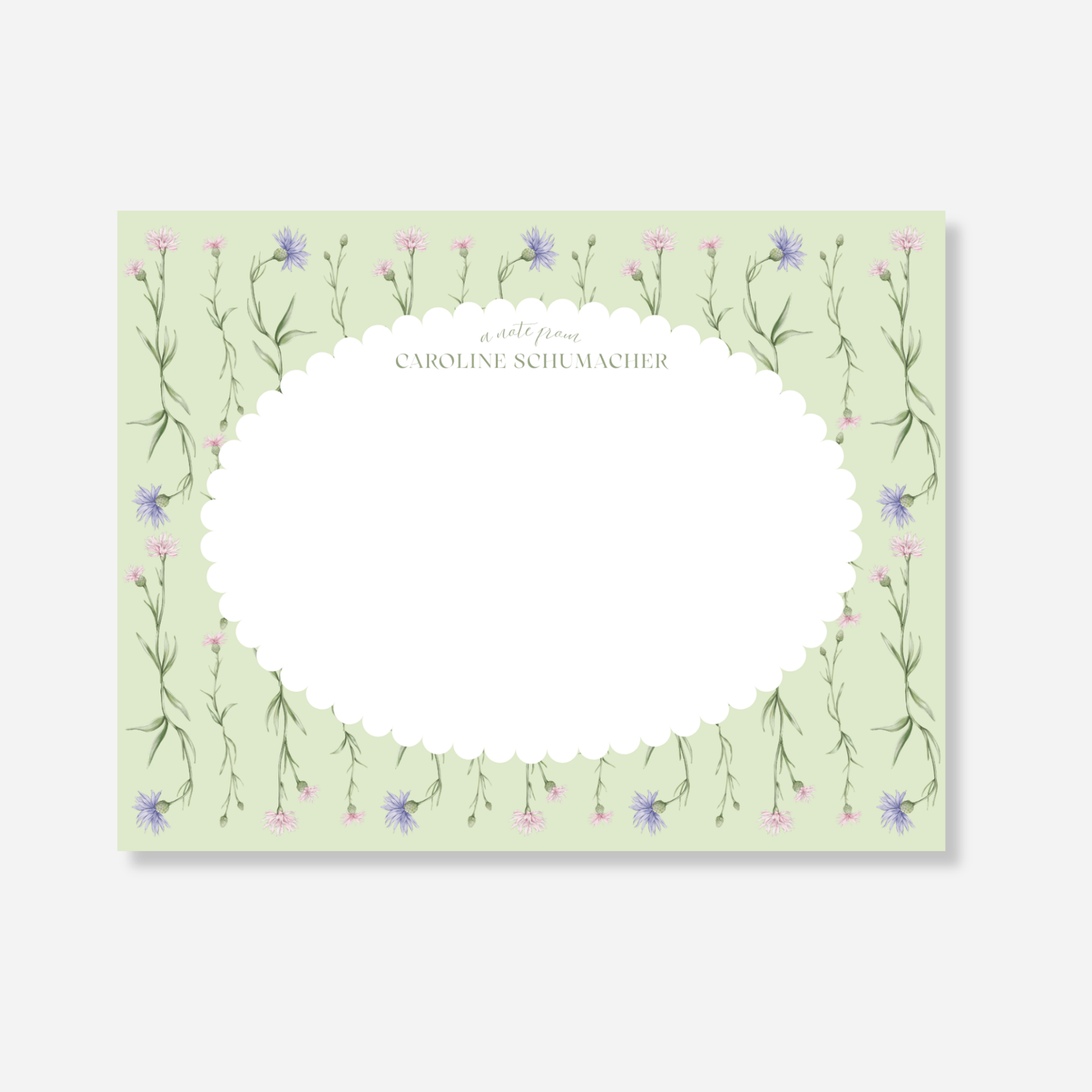 Green Floral Scalloped Personalized Note Card