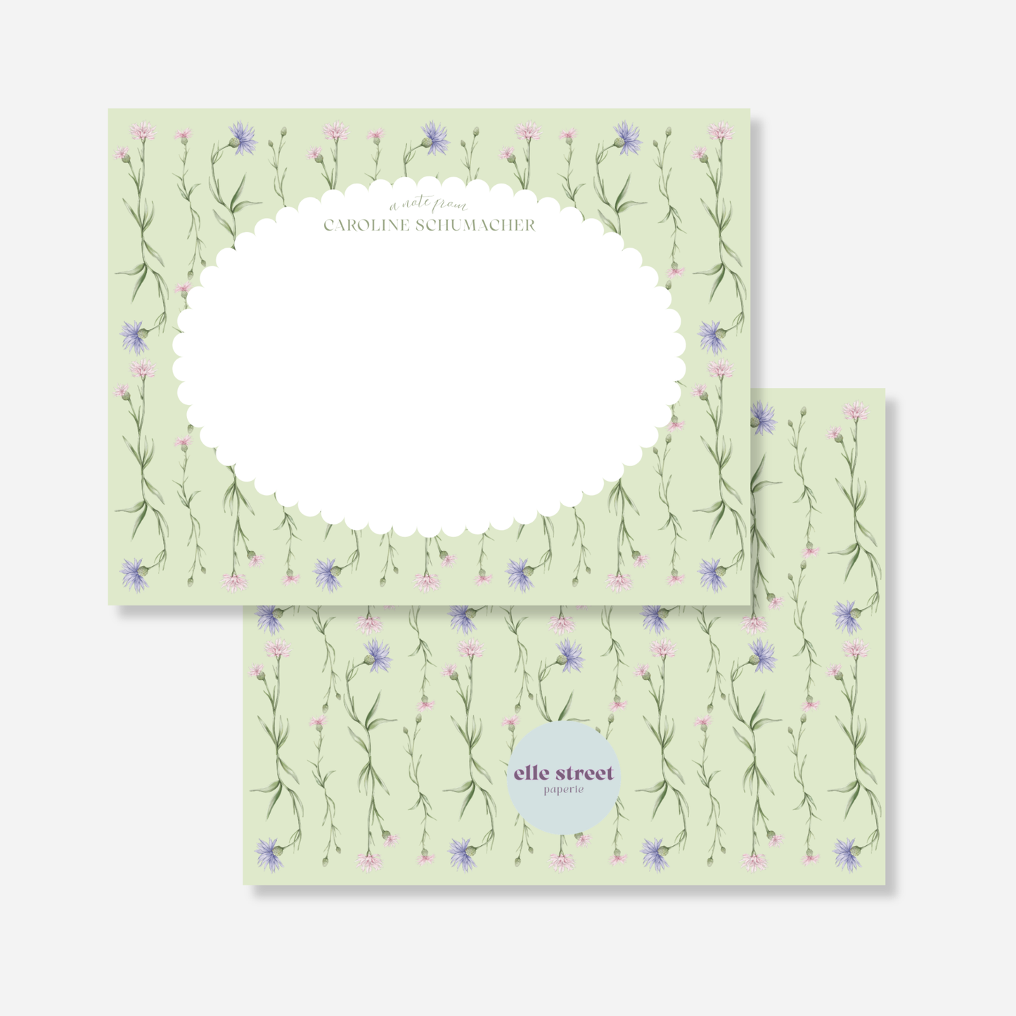 Green Floral Scalloped Personalized Note Card
