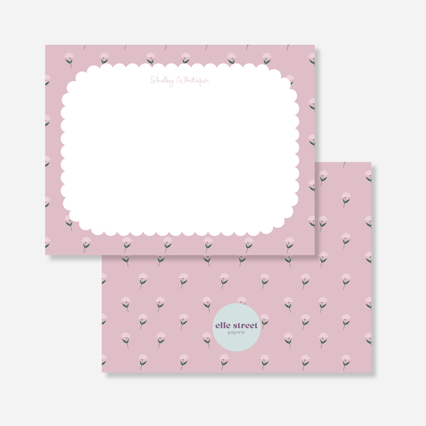 Pink Floral Scalloped Personalized Note Card