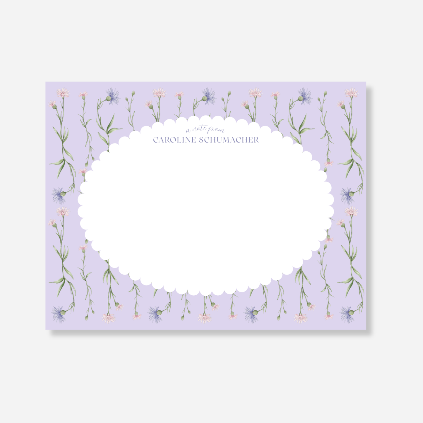 Purple Floral Scalloped Personalized Note Card