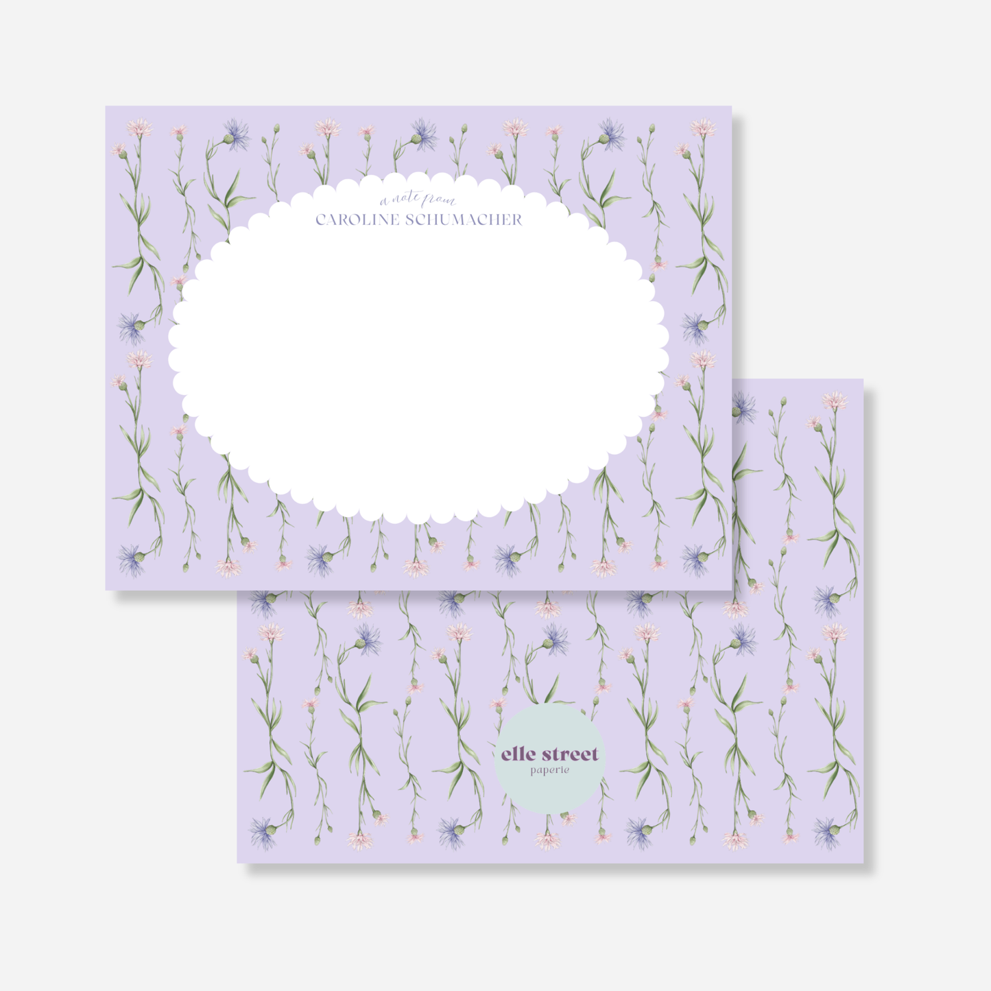 Purple Floral Scalloped Personalized Note Card